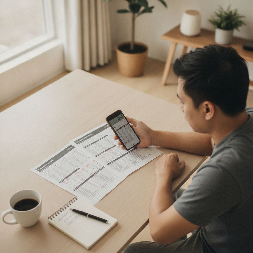 Filipino player comparing casino bonus offers on paper and smartphone calculator